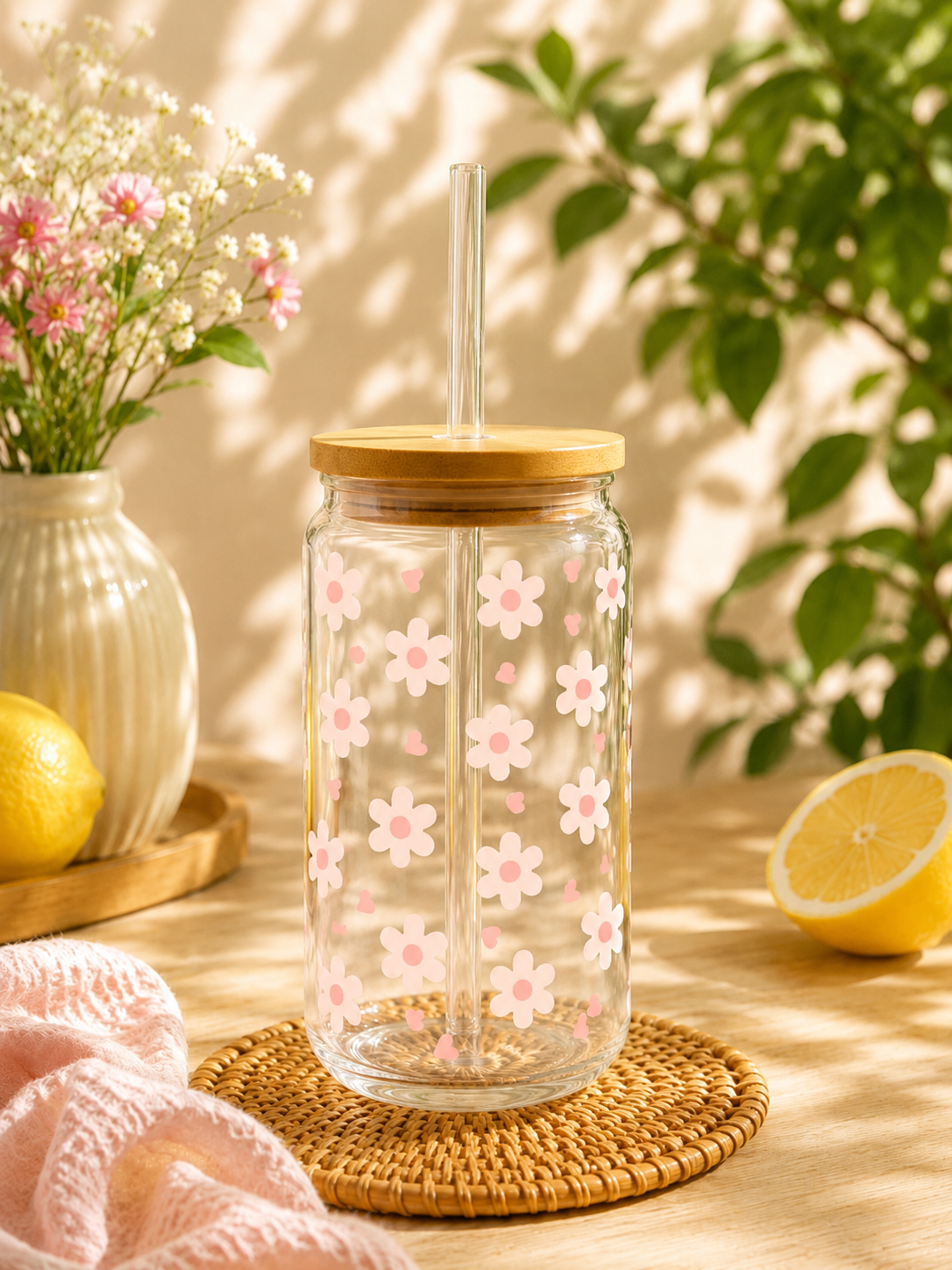 Verre cute Summer marguerite rose paille courbe