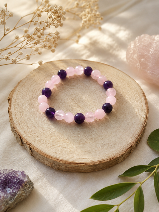 Bracelet Lithothérapie – Quartz Rose & Améthyste