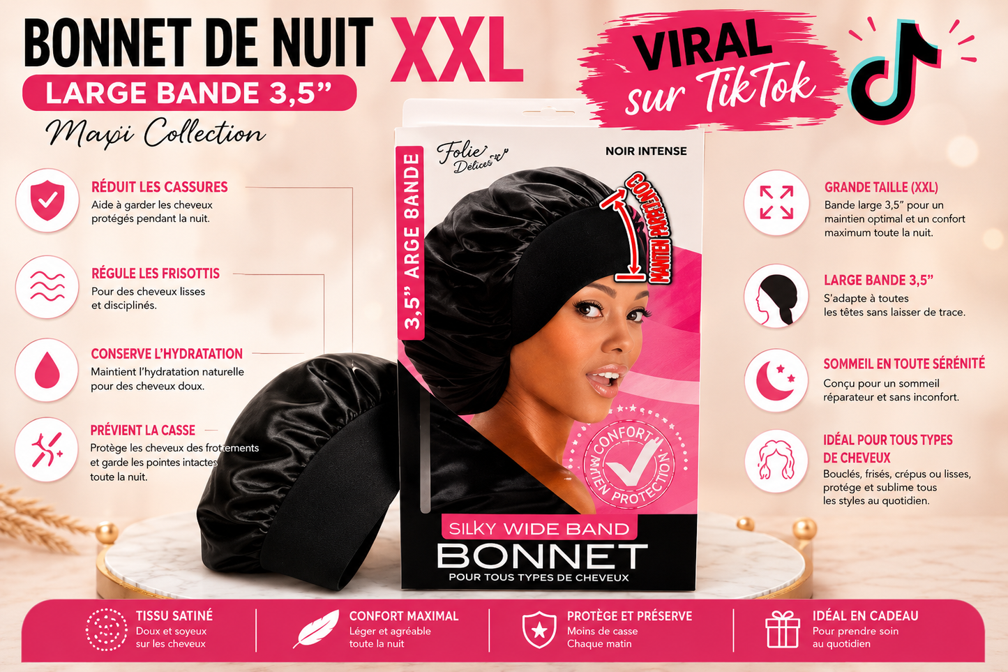 Bonnet de Nuit XXL Satin Premium Magic Collection – Large Bande 3,5”