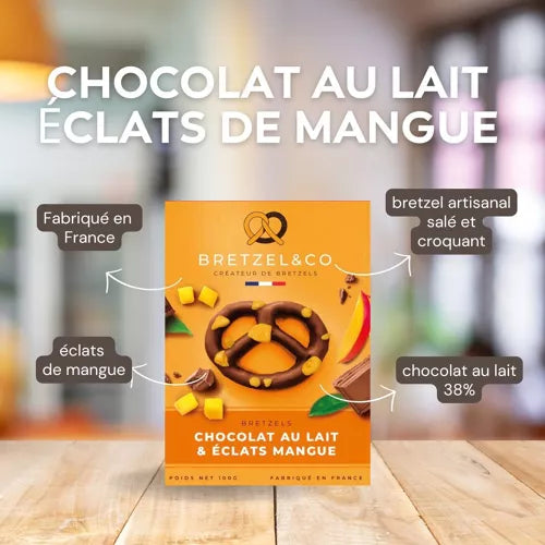 bretzel chocolat lait - éclats de mangue - 100g