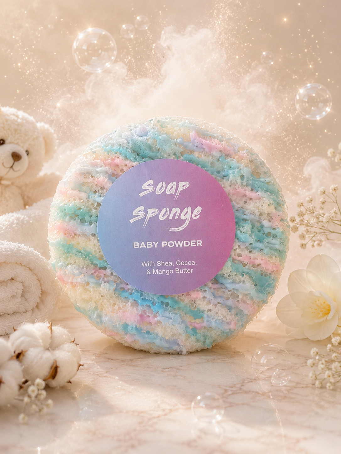 🧸 Éponge Savon Exfoliante – Baby Powder
