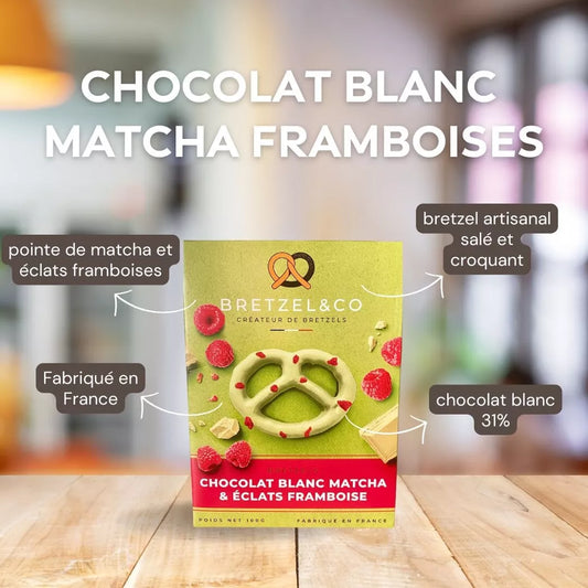 Bretzel chocolat blanc matcha - éclats de framboises - 100g