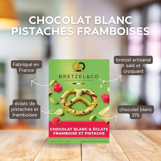 bretzel chocolat blanc - éclats de pistaches et framboises - 100g