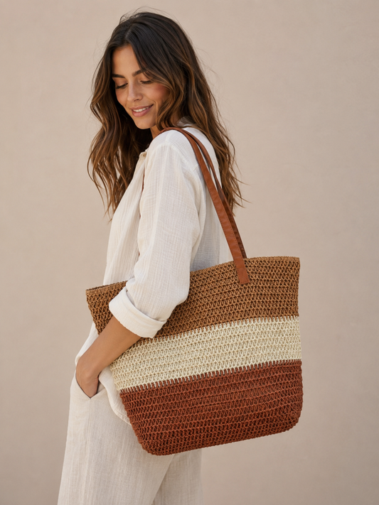 Sac cabas tressé tricolore – Anses effet cuir