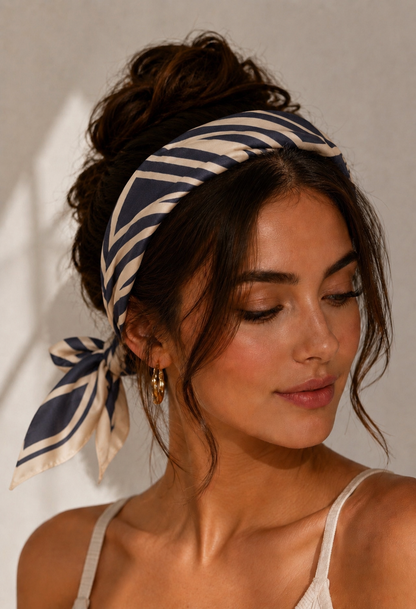 Foulard carré effet soie motif floral bleu  70 x 70