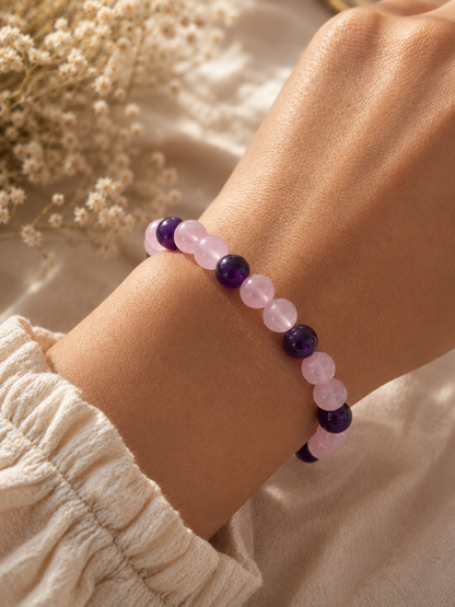 Bracelet Lithothérapie – Quartz Rose & Améthyste