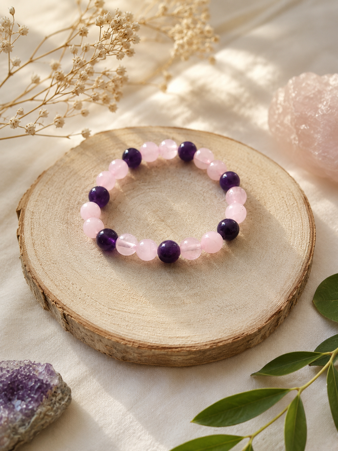 Bracelet Lithothérapie – Quartz Rose & Améthyste